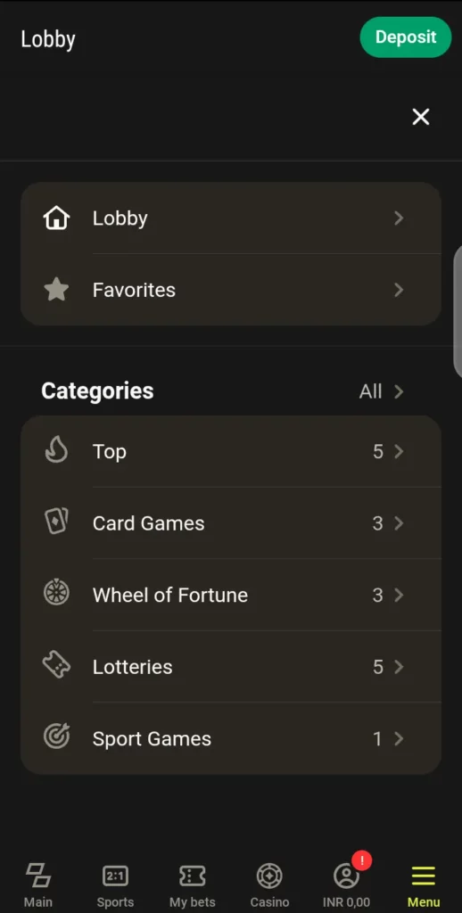 Parimatch TV games categories