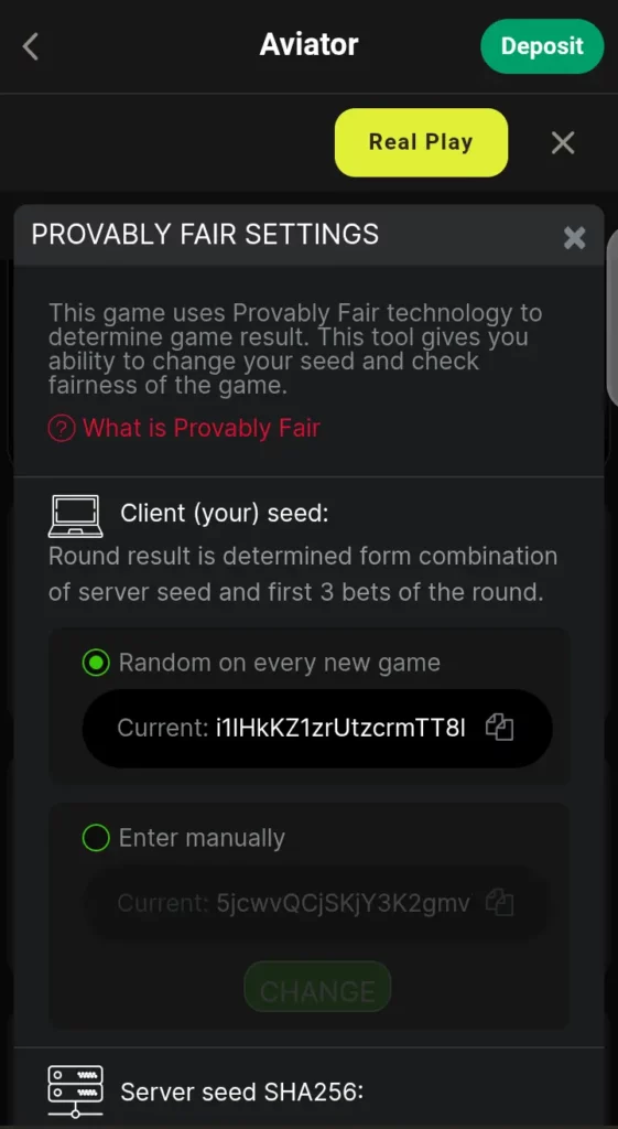 Aviator provably fair settings