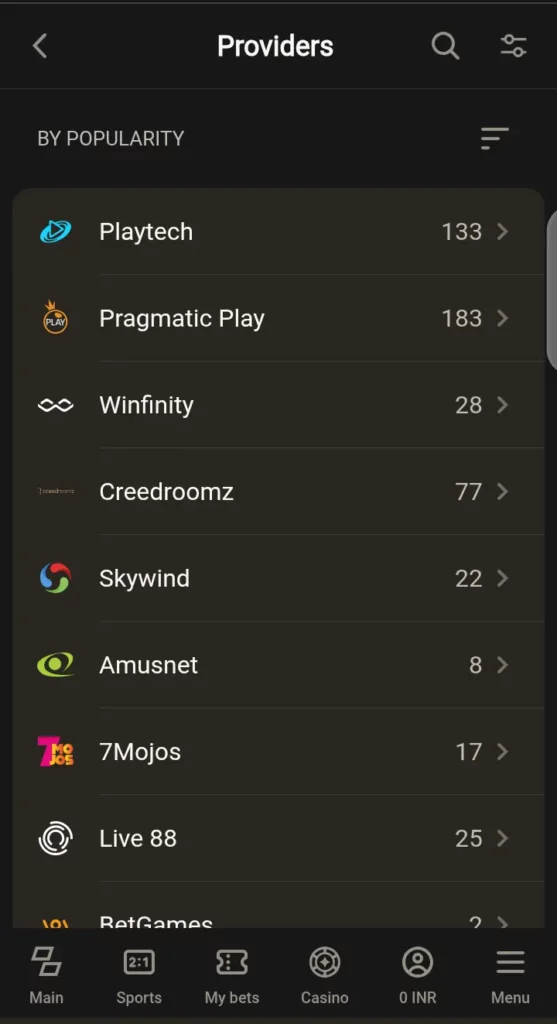 Parimatch live casino providers