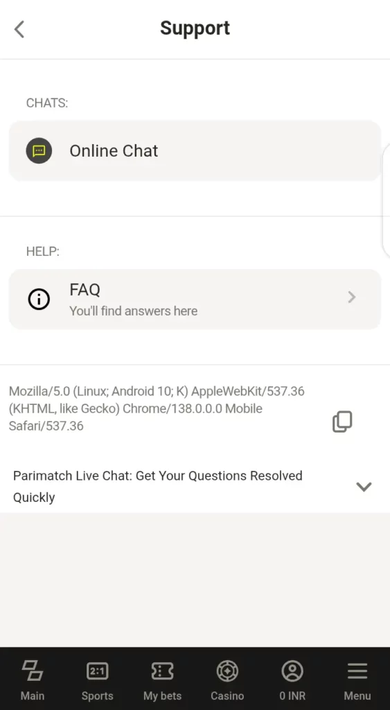 Parimatch’s support page
