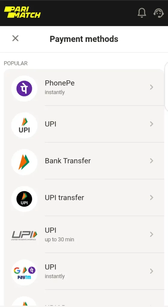 Parimatch deposit page