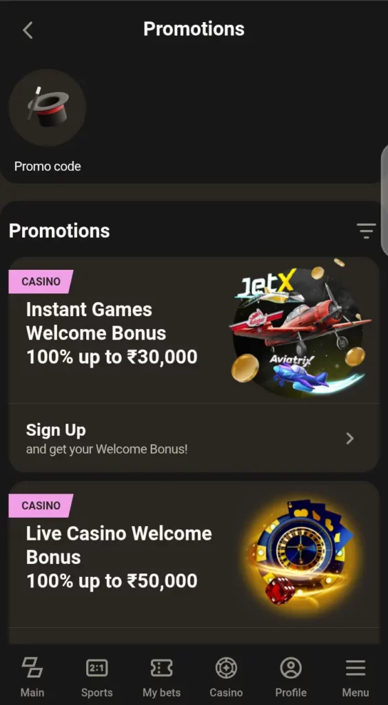 Parimatch promotions page