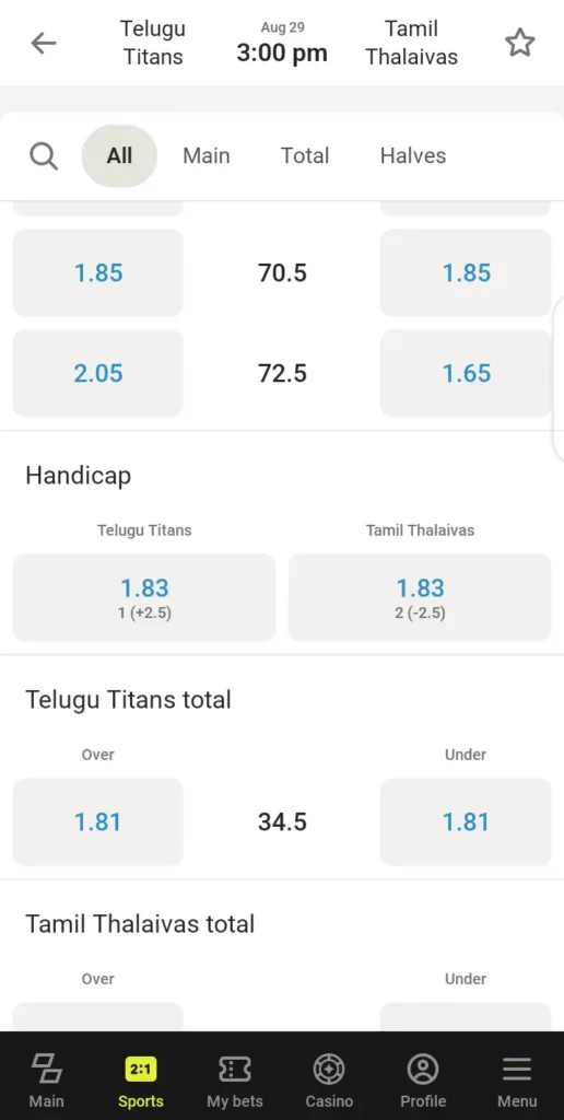 Kabaddi handicap odds on Parimatch