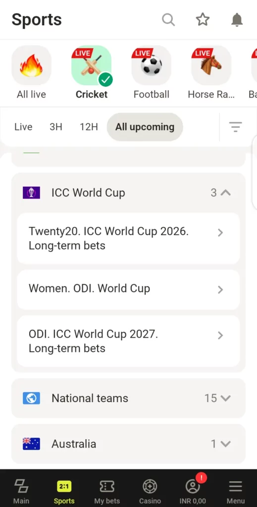 ICC tournaments on Parimatch
