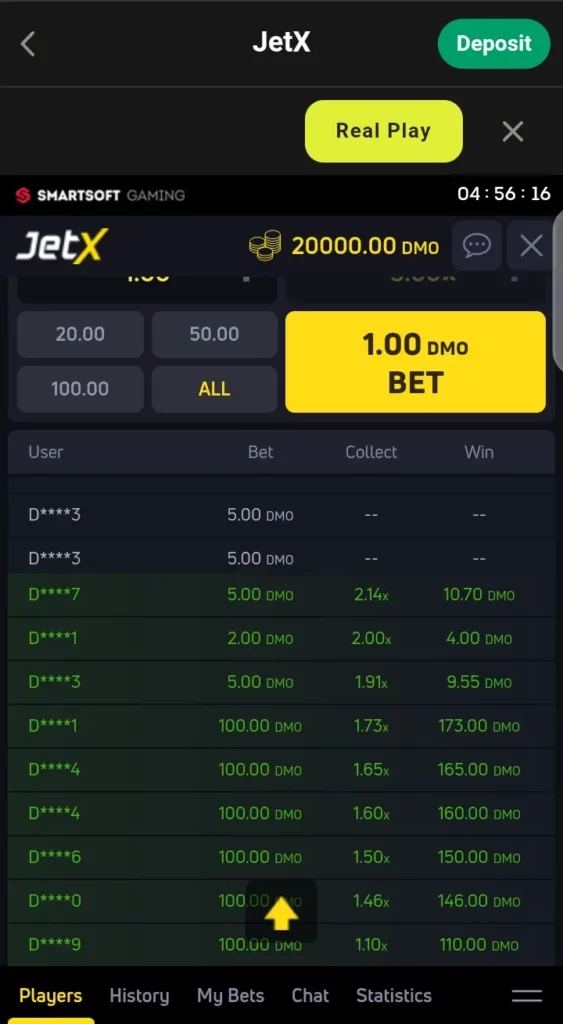 JetX multiplayer bets interface