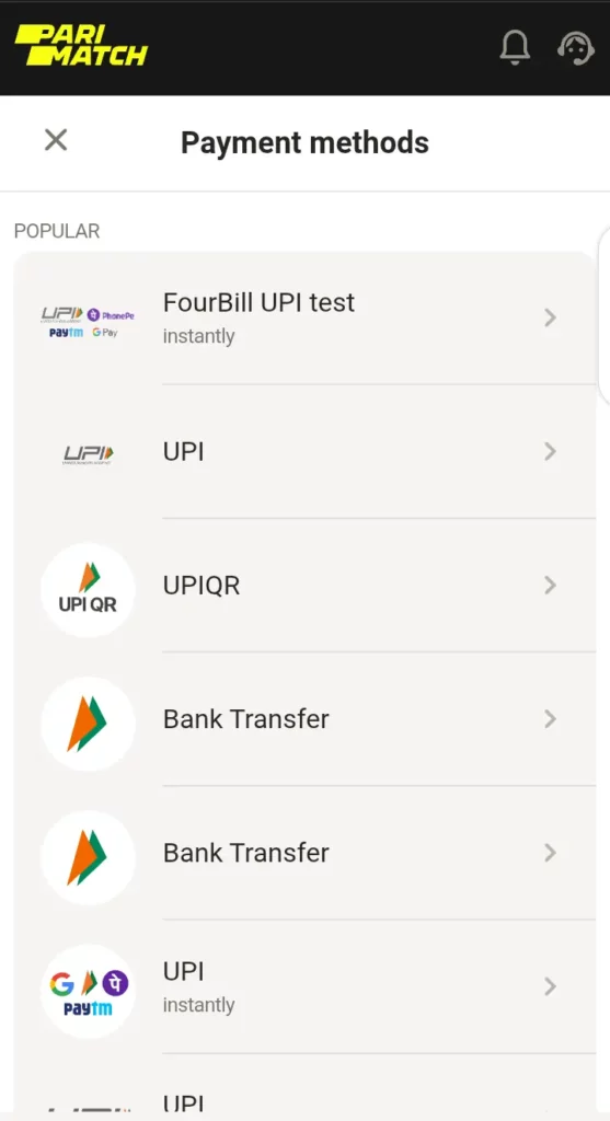 Deposit methods on Parimatch