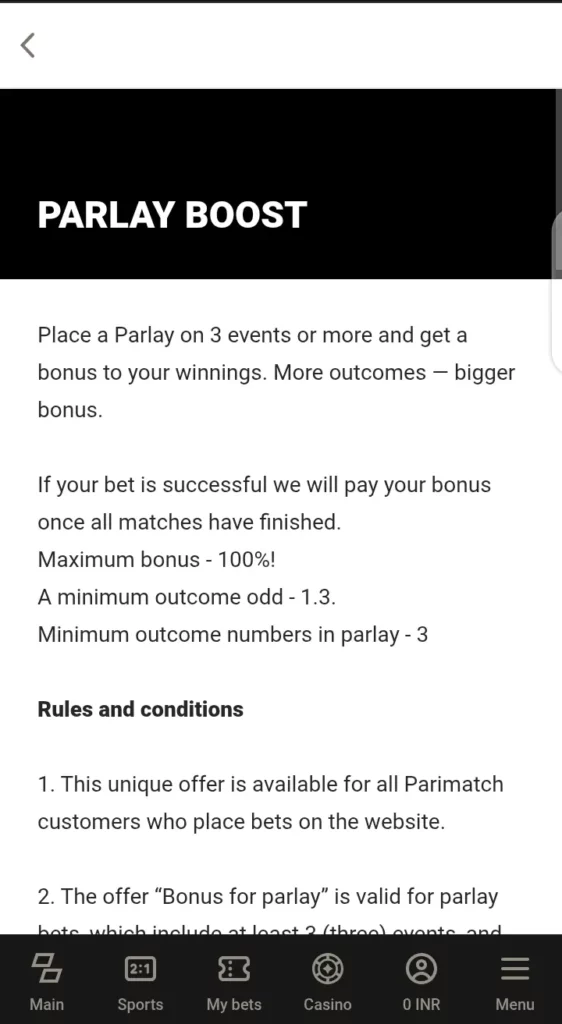Parlay boost on Parimatch