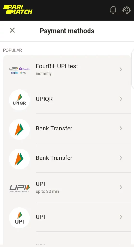 Parimatch deposit methods