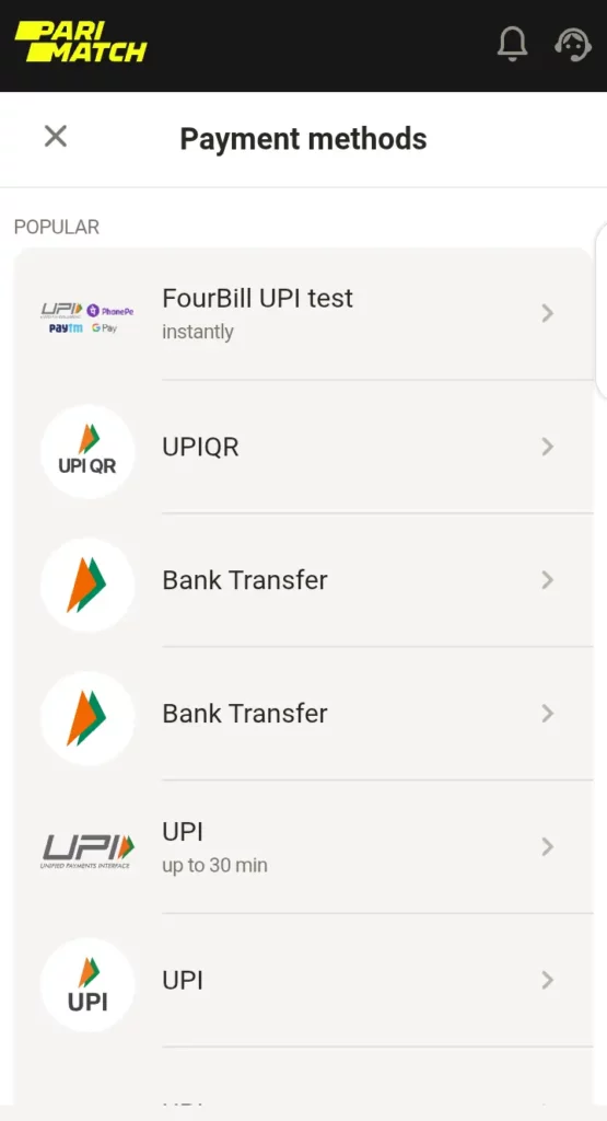 Parimatch deposit methods