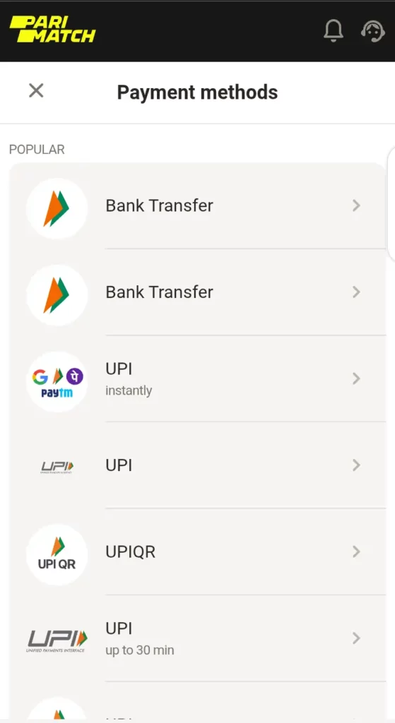 Parimatch deposit page
