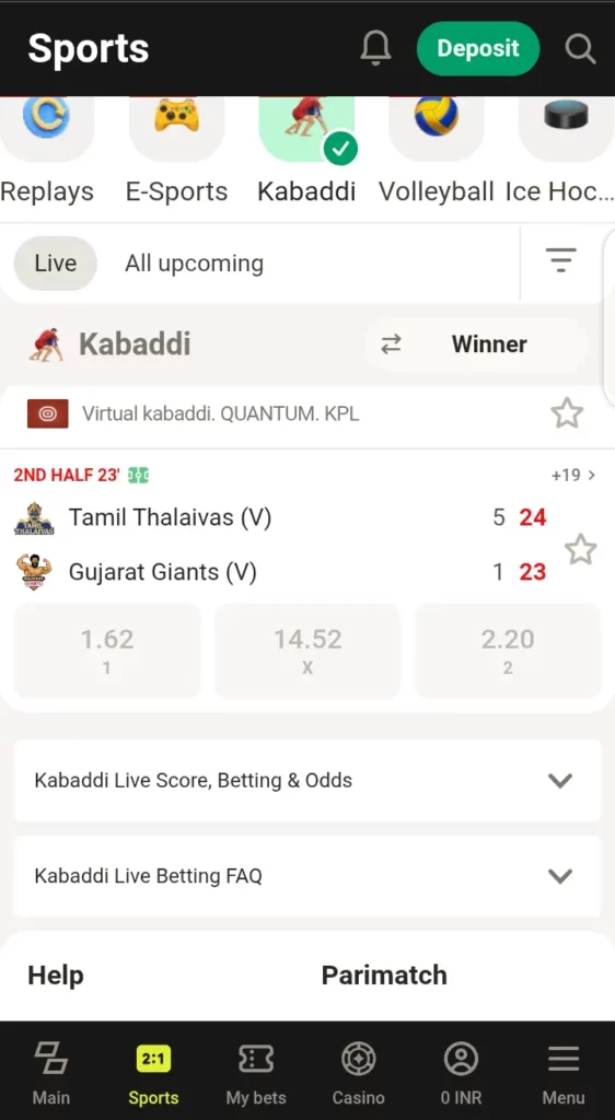 Kabaddi live betting on Parimatch