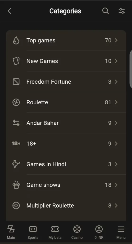Parimatch live casino categories