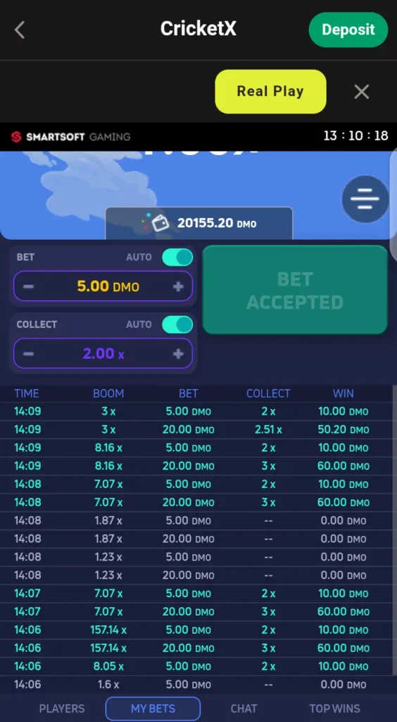 CricketX player’s bet history
