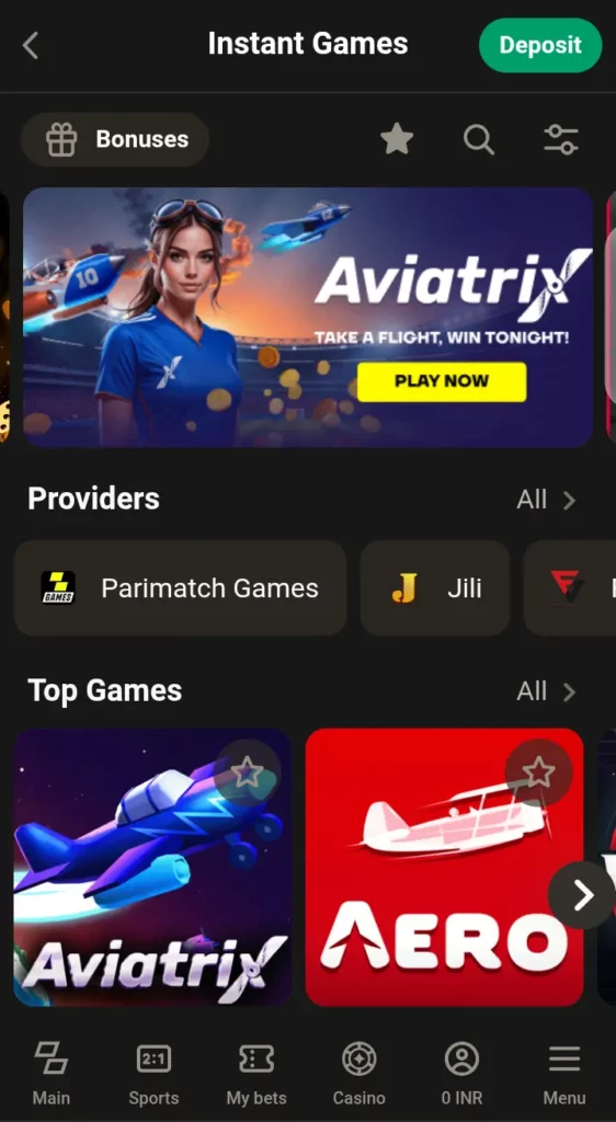 Parimatch Instant games section