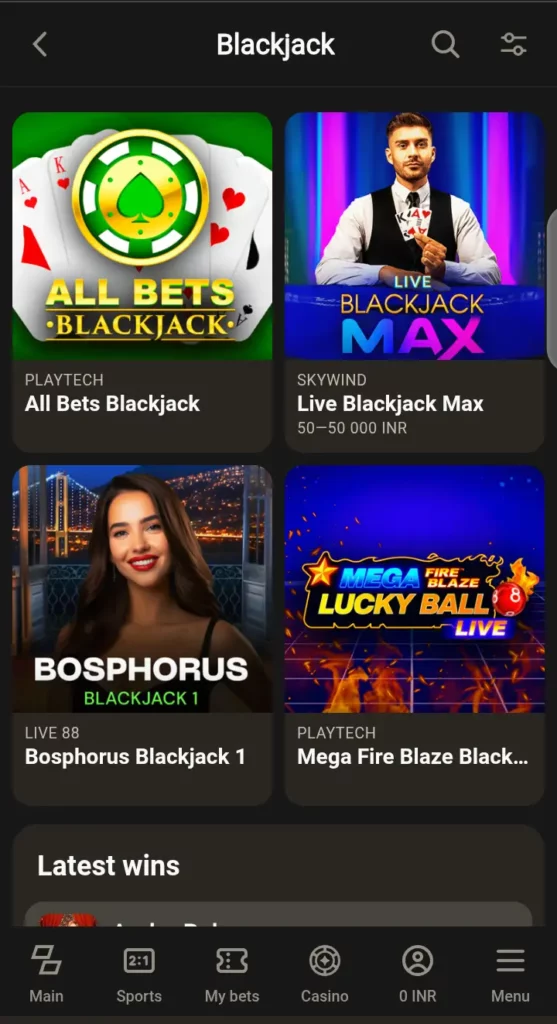 Parimatch live blackjack lobby