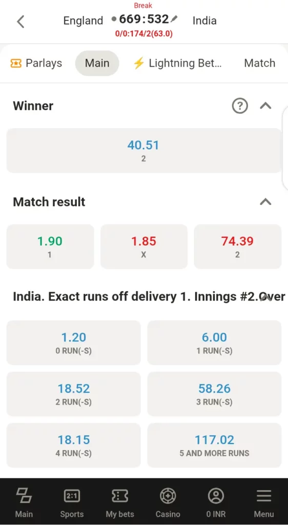 Cricket market on Parimatch