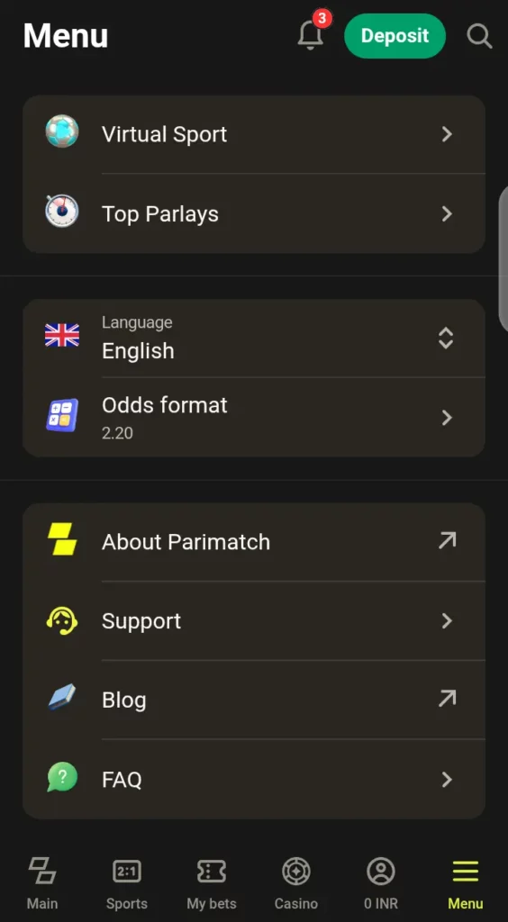 Odds format on Parimatch menu