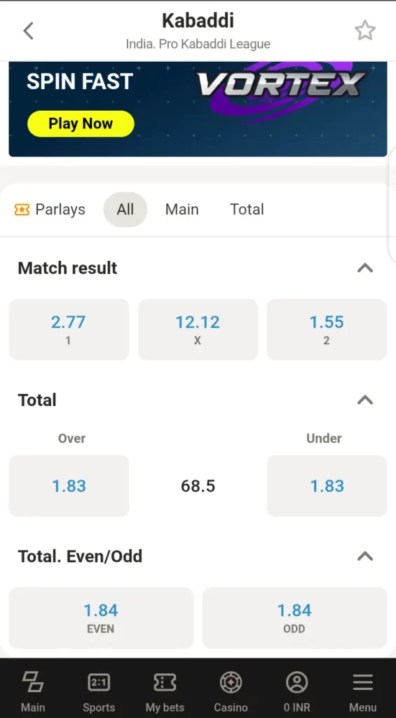 Kabaddi market on Parimatch