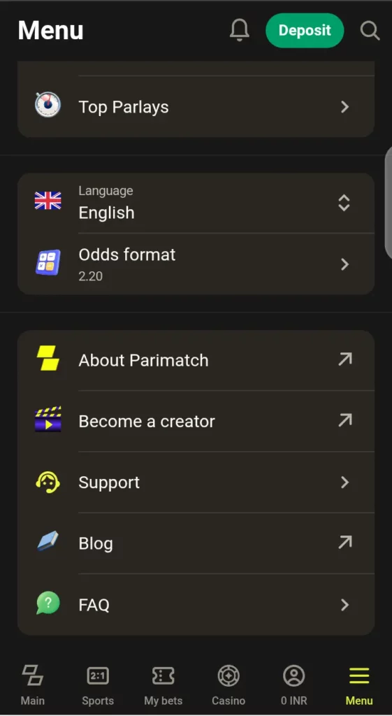 Parimatch menu section