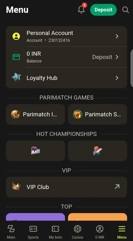 Parimatch menu page