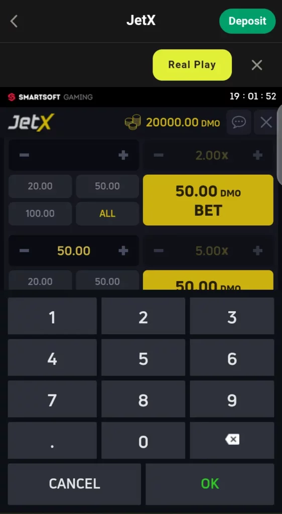 JetX’s bet interface