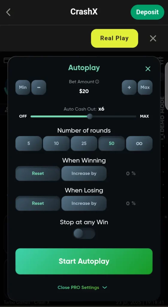 CrashX autoplay/auto cashout interface