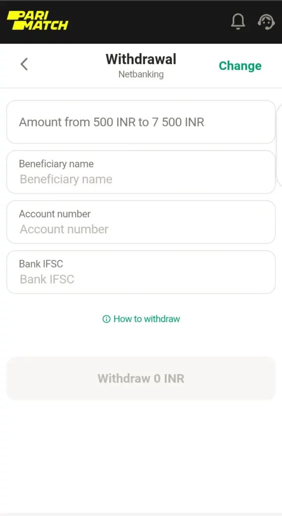 Parimatch withdrawal page
