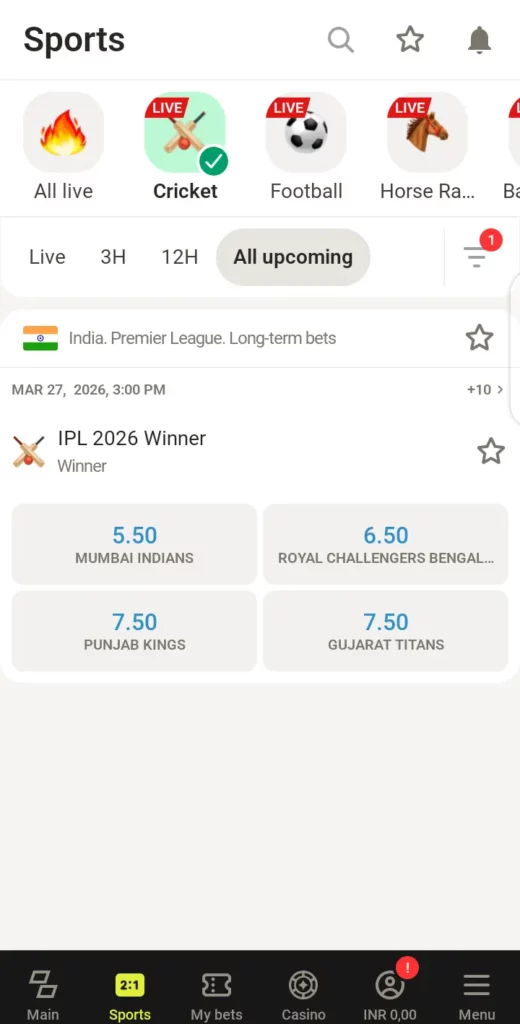 IPL market on Parimatch