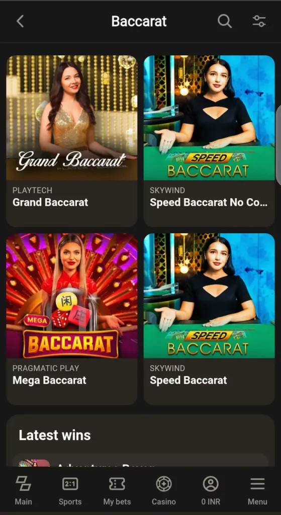 Parimatch live baccarat lobby