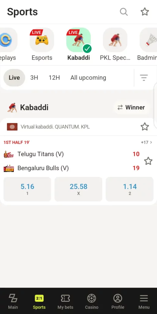 Live Kabaddi odds on Parimatch