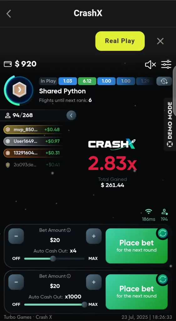 CrashX live bets display