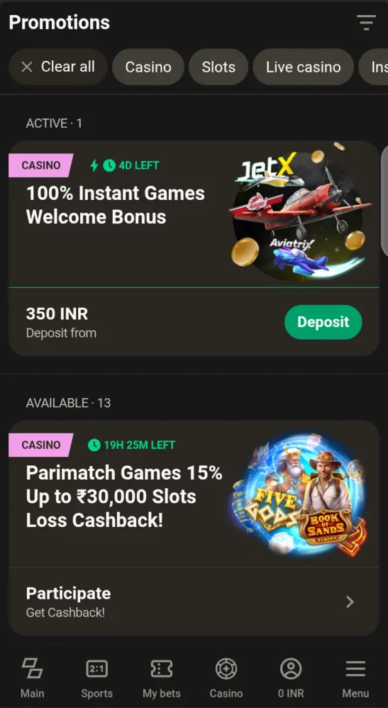 Parimatch promotions page