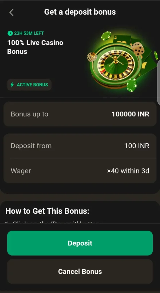 Parimatch 100% live casino bonus