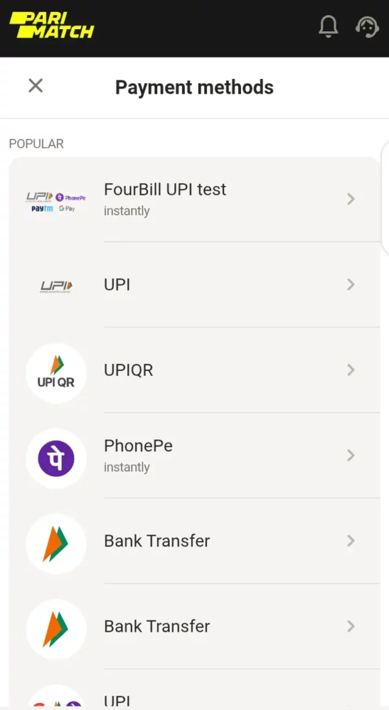 Parimatch deposit methods