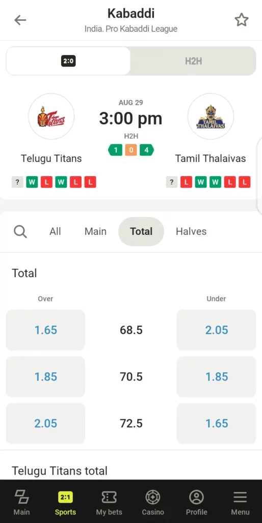Kabaddi Over/Under odds on Parimatch