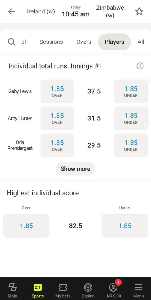 Player performance market on Parimatch