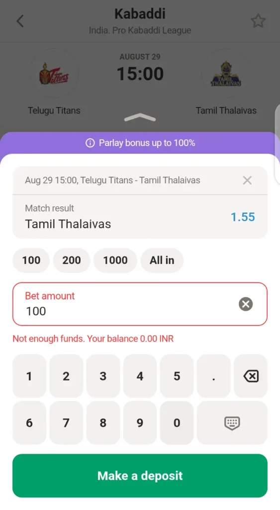 Stake interface on Parimatch