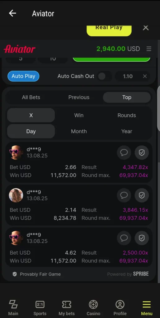 Parimatch Aviator leaderboard