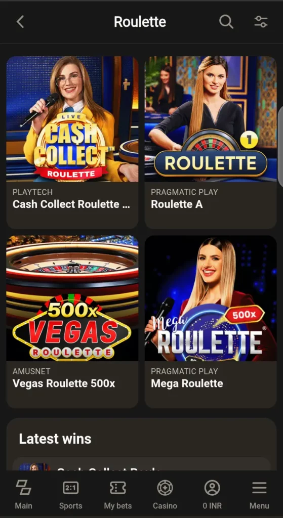 Parimatch live roulette lobby