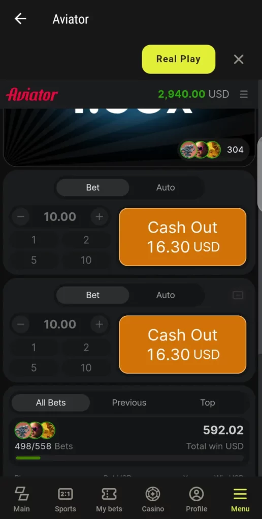Parimatch Aviator cashout interface