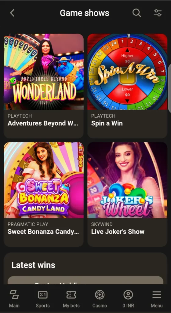 Parimatch live game show lobby