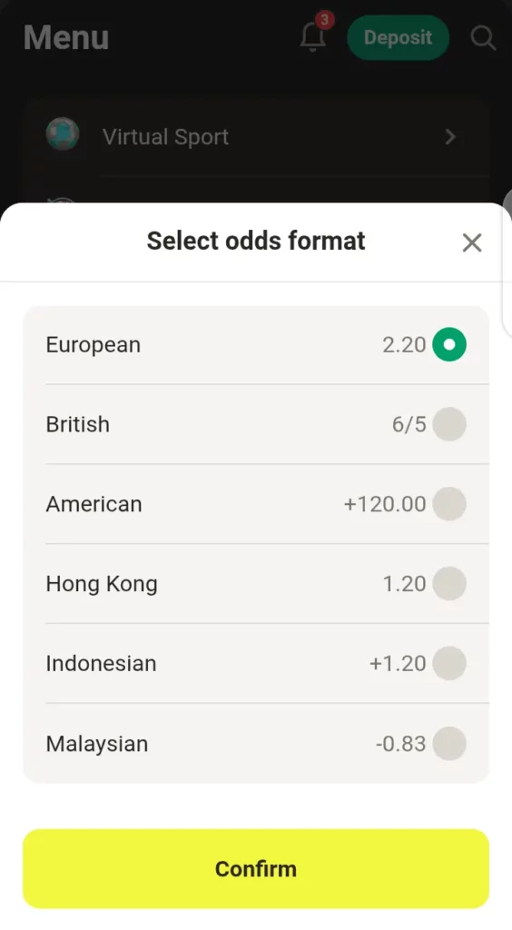 Parimatch odds format