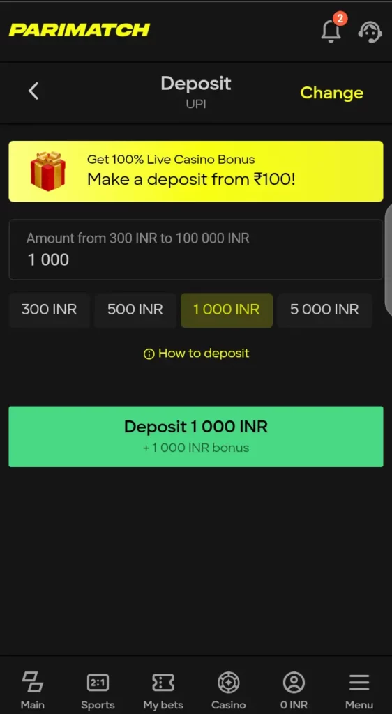 Parimatch deposit section