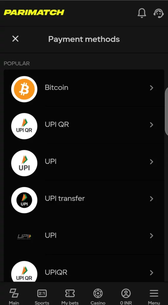 Parimatch deposit page