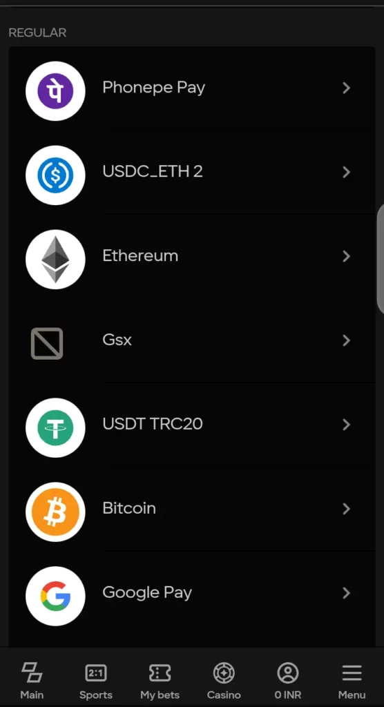 Parimatch deposit section