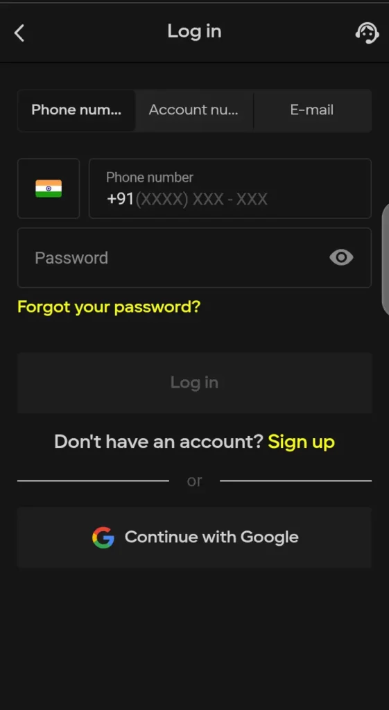 Parimatch login page