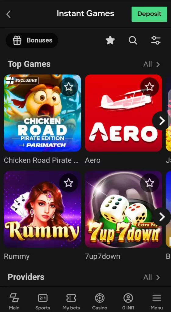 Parimatch Instant games lobby