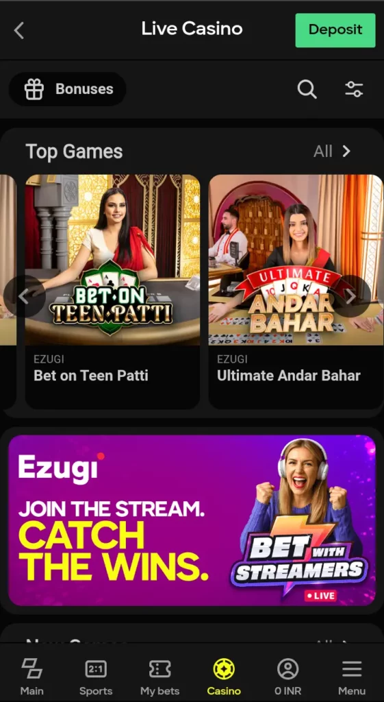 Parimatch live casino page