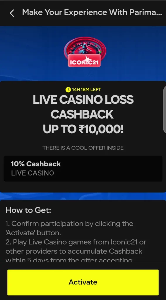 Parimatch live casino cashback
